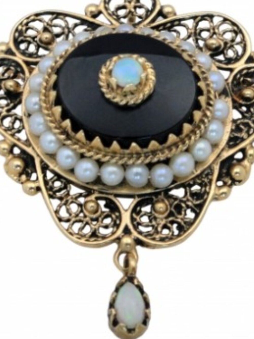 14K Opal  Onyx Seed Pearl Filigree Pin Pendant